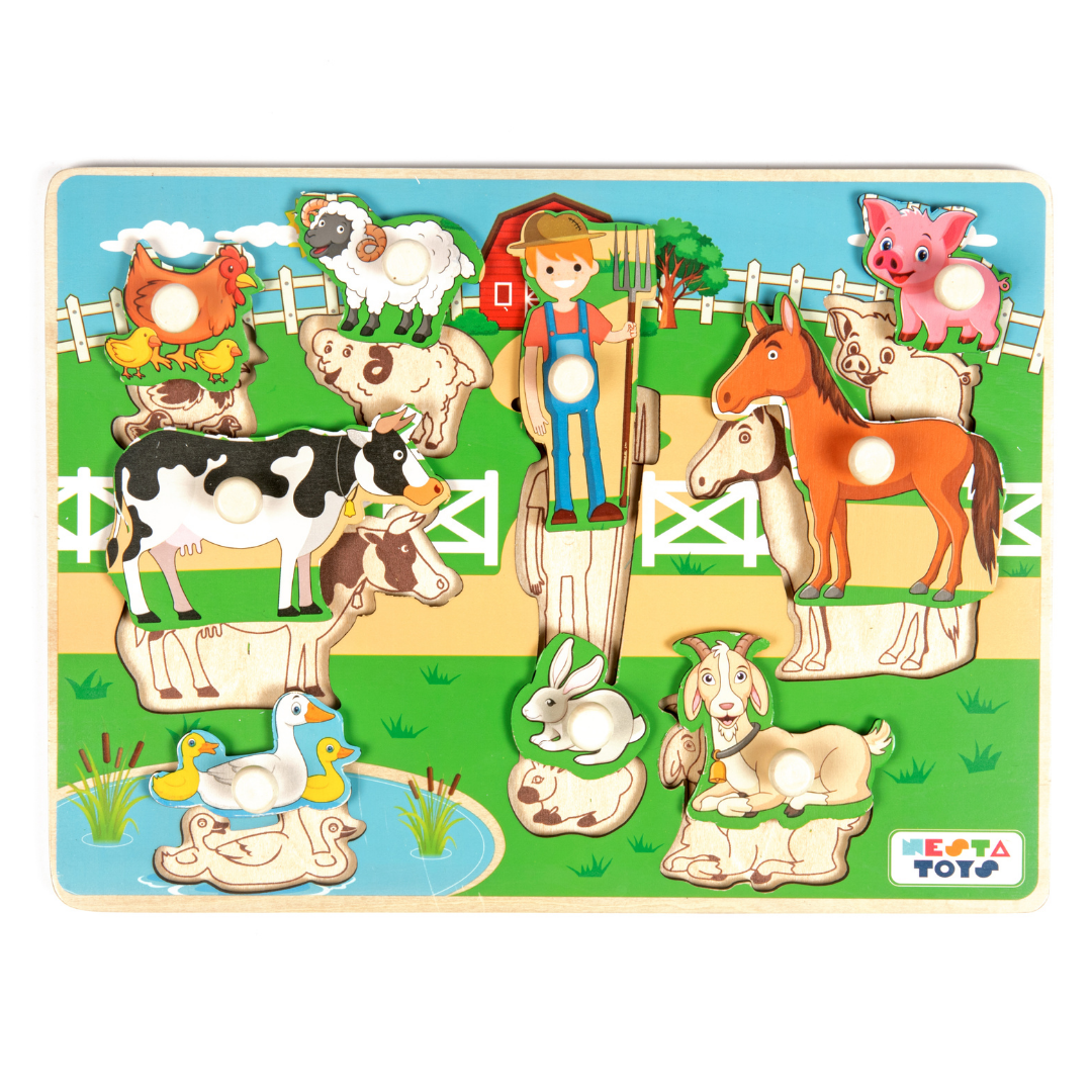 Wooden Farm Animal Knob Puzzle (8 Pcs), knob puzzle, educational toys, Montessori toys, nesta toys, toys for babies, puzzle for babies