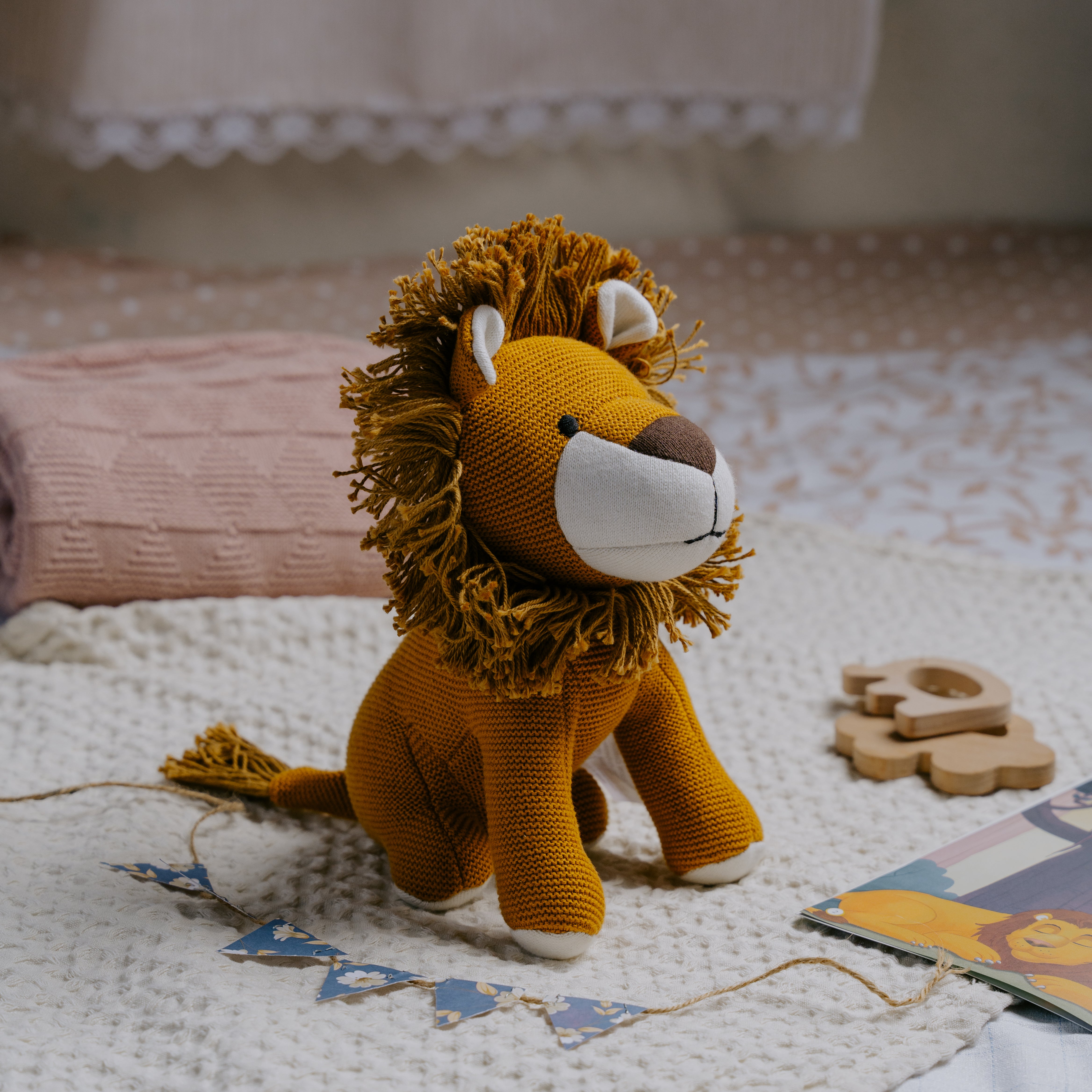 Leo the Lion, Knitted Cotton Animal Plush Toy for Kids, animal soft toy, nesta toys, new born toy, lion soft toy