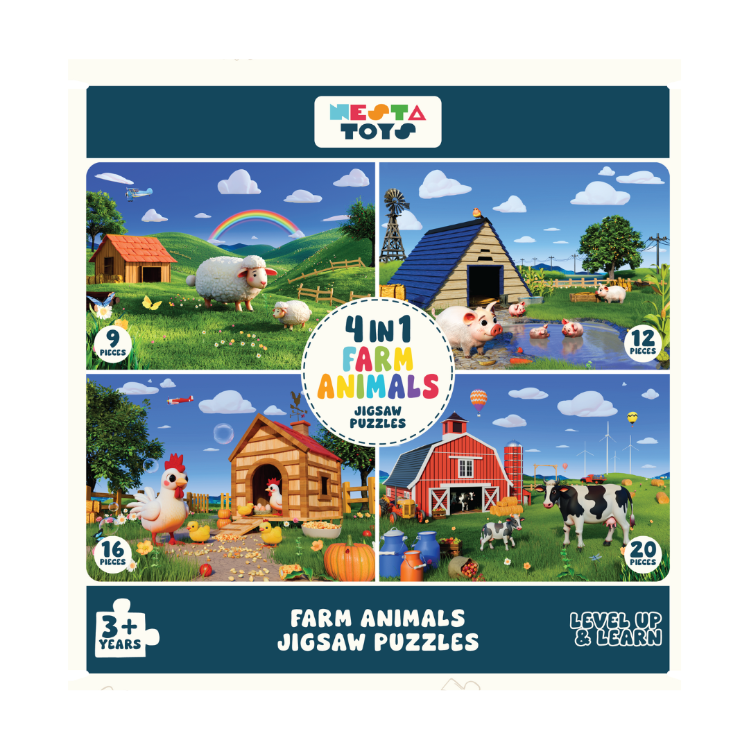 Farm Animals - 4 in 1 Level Up & Learn Jigsaw Puzzle (9 Pcs - 20 Pcs) - nestatoys
