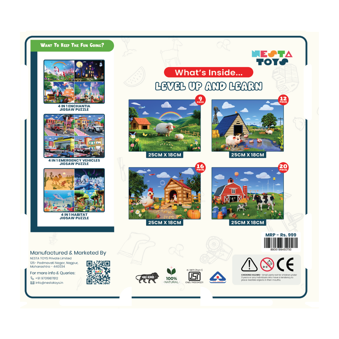 Farm Animals - 4 in 1 Level Up & Learn Jigsaw Puzzle (9 Pcs - 20 Pcs) - nestatoys