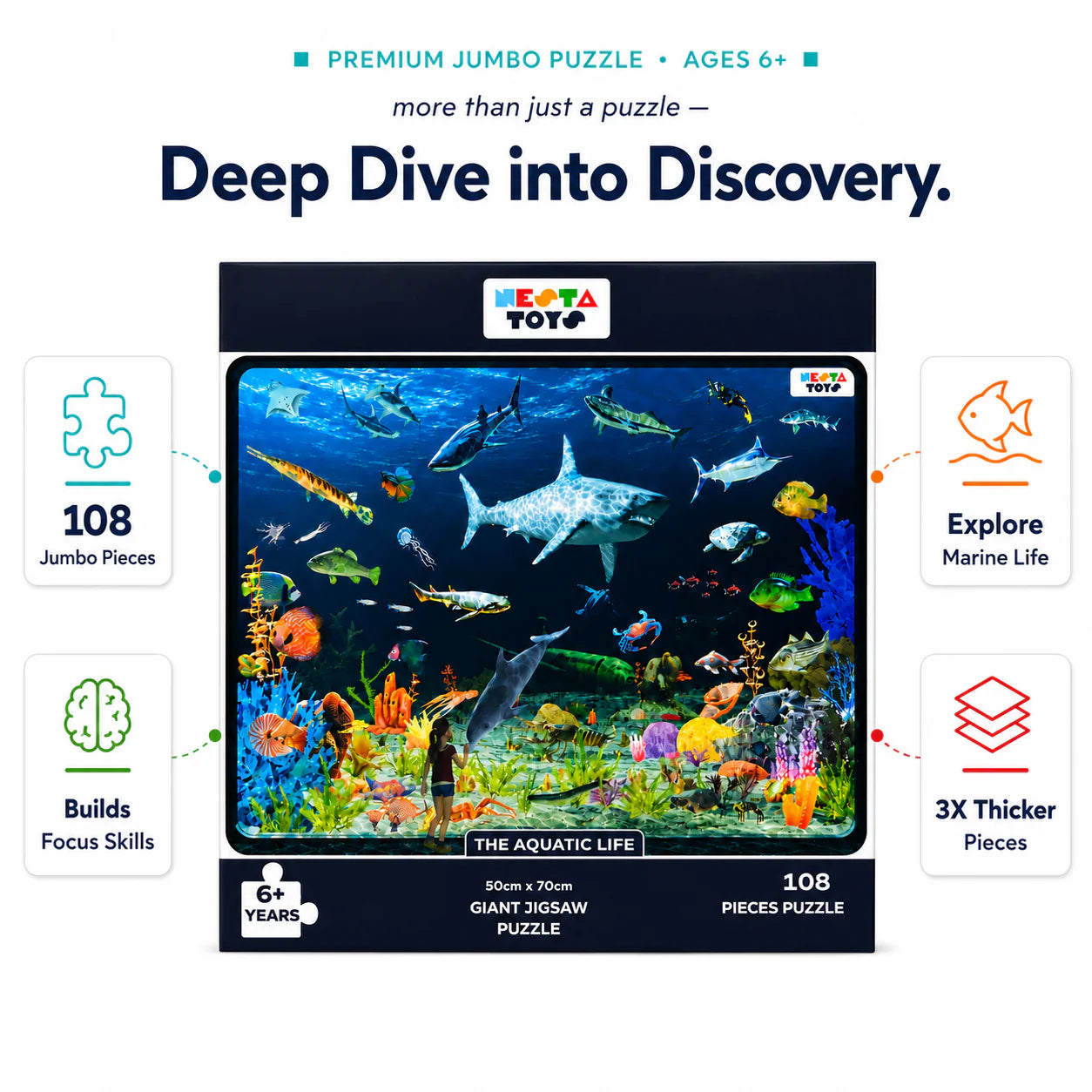 NESTA TOYS Aquatic Life Jigsaw Puzzle (108 Jumbo Pieces) | Ocean Animals & Marine Life Learning Puzzle for Kids Ages 6+