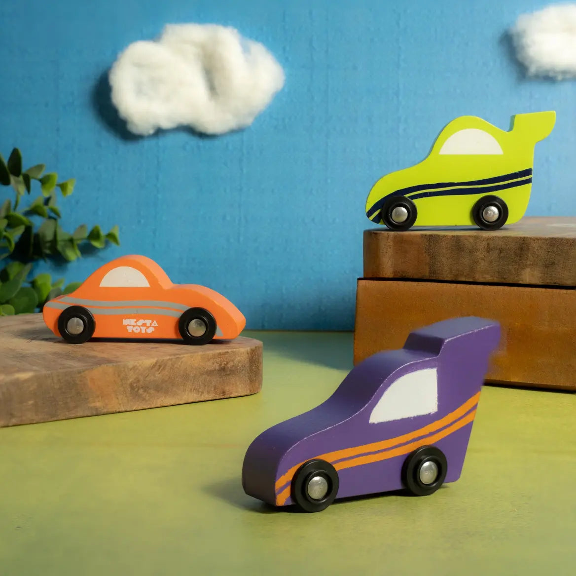 Wooden Car (3 Pcs) - Green, Orange, Purple