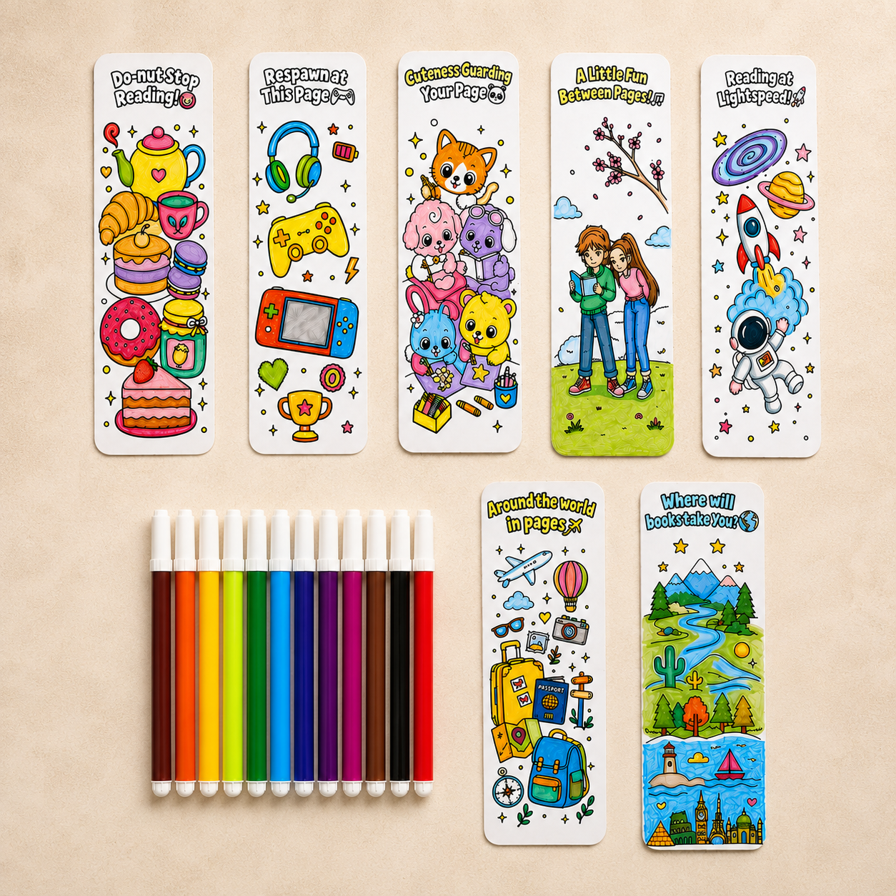 DIY Bookmark Craft Kit for Kids featuring 7 double-sided bookmarks with 14 unique designs and 12 colorful sketch pens for creative colouring, arts & crafts, and reading activities.