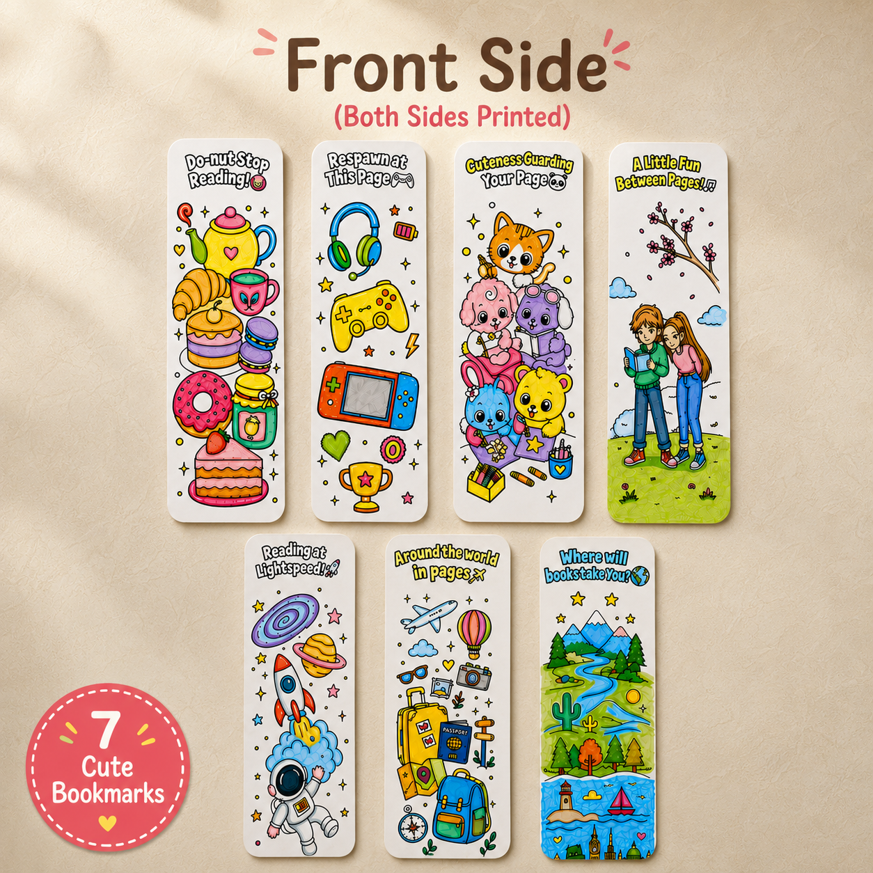 Front side of the DIY Bookmark Craft Kit featuring 7 colorful double-sided bookmarks with fun themes including food, gaming, animals, reading, space, travel, and nature.