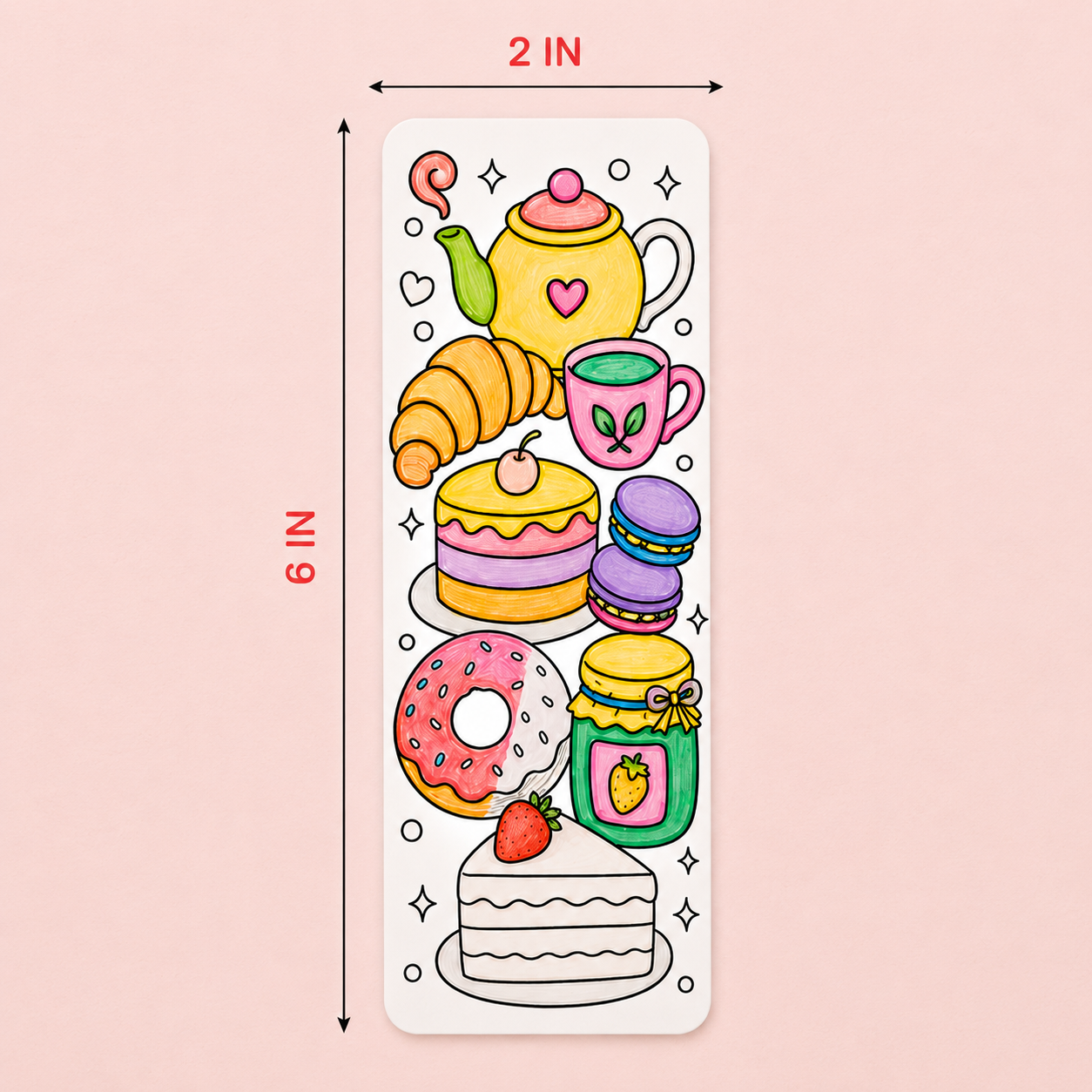 DIY bookmark measuring 6 x 2 inches with rounded corners, ideal for comfortable use in books, notebooks, journals, and planners.