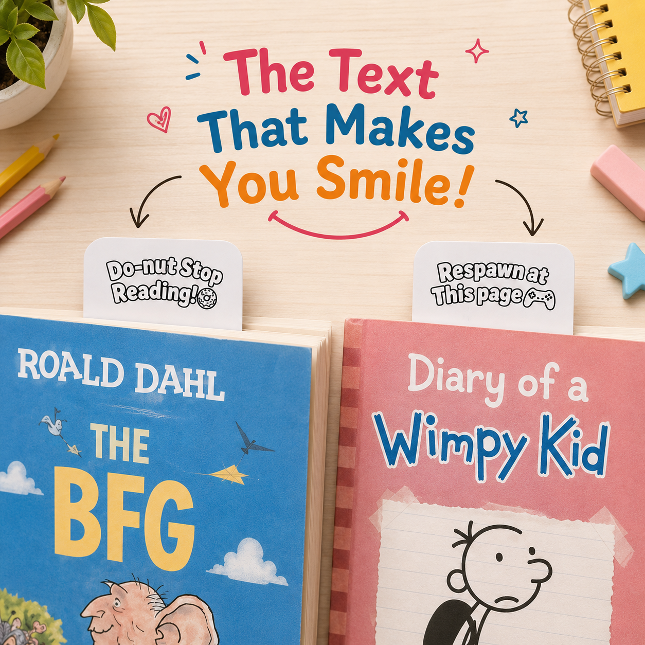 DIY bookmarks with playful reading-themed messages placed inside books, adding a fun and personalized touch while making reading more enjoyable for kids.