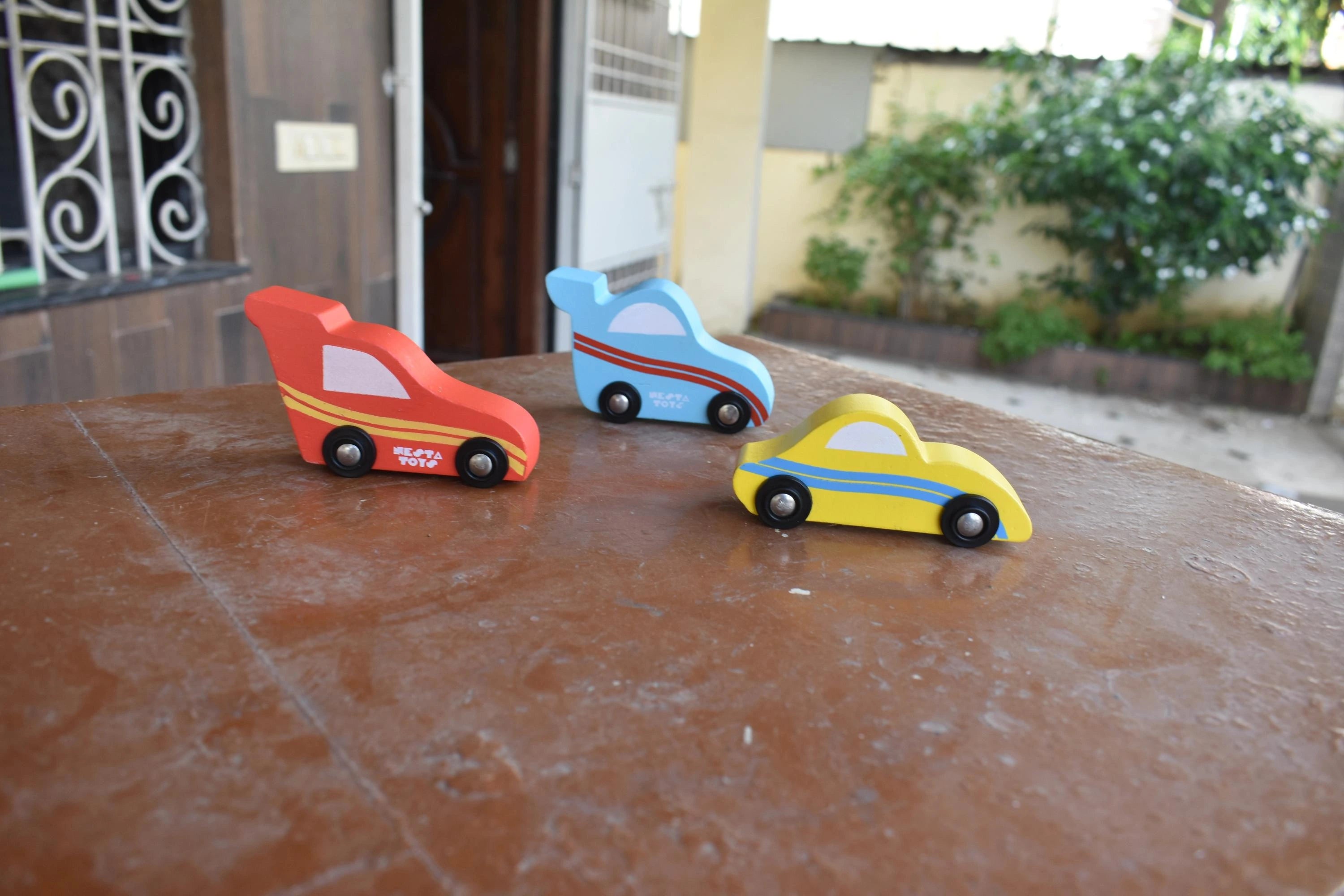 Wooden Car (3 Pcs) - Sky Blue, Yellow, Red