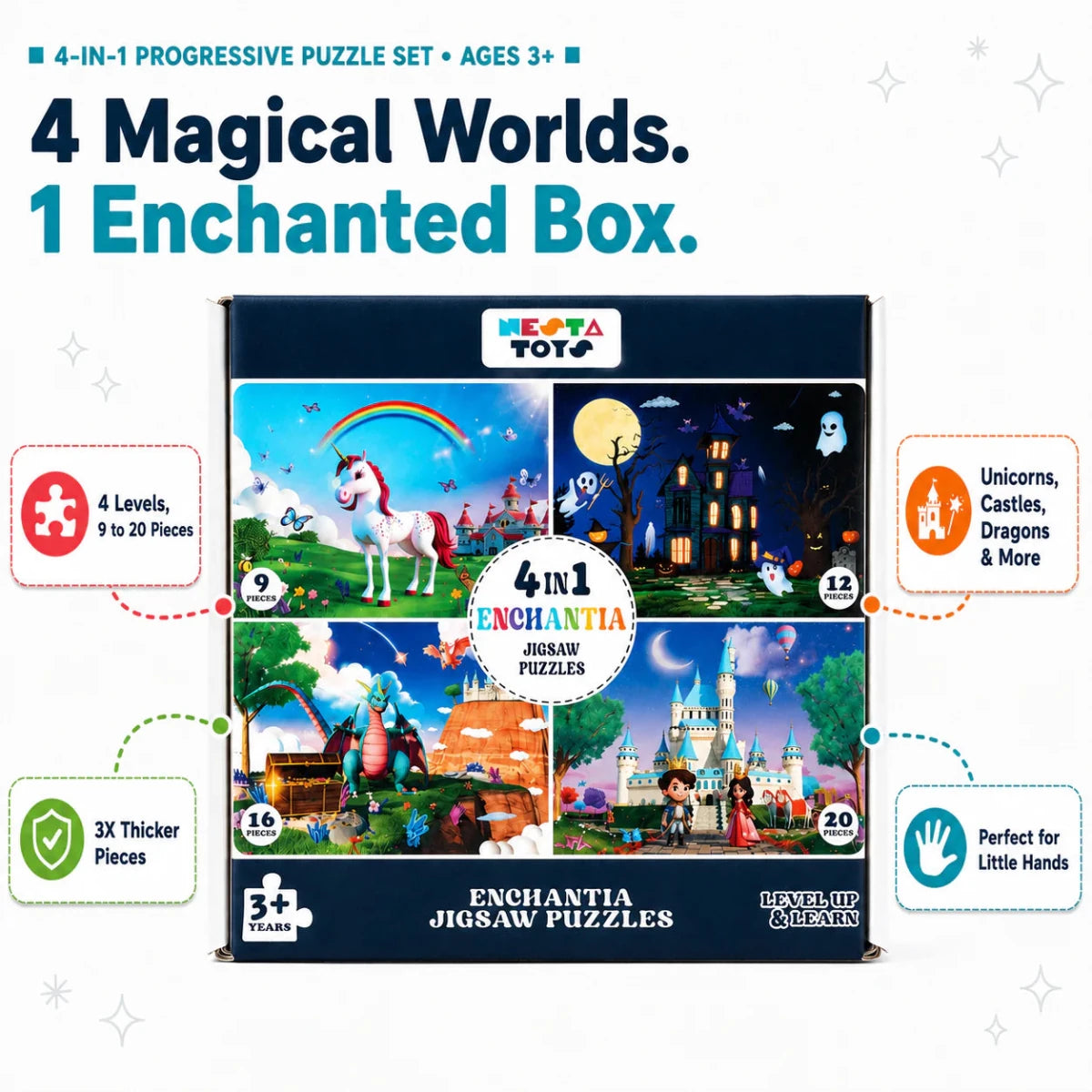 Enchantia - 4 in 1 Level Up & Learn Jigsaw Puzzle (9 Pcs - 20 Pcs) - Free Gift - NESTA TOYS