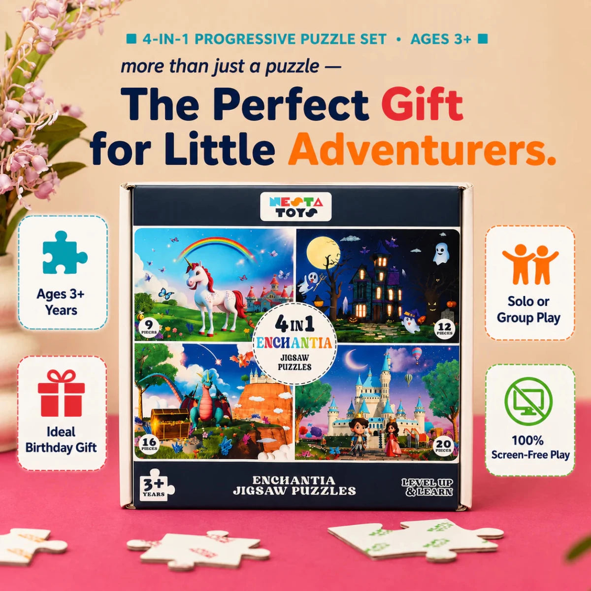 Enchantia - 4 in 1 Level Up & Learn Jigsaw Puzzle (9 Pcs - 20 Pcs) - Free Gift - NESTA TOYS