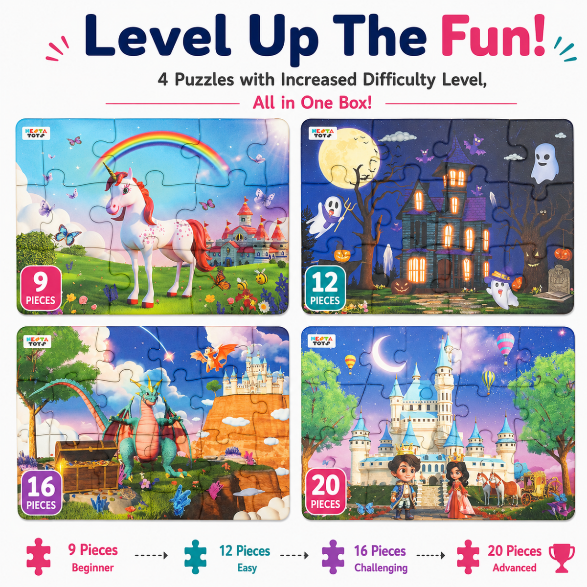 Enchantia - 4 in 1 Level Up & Learn Jigsaw Puzzle (9 Pcs - 20 Pcs) - NESTA TOYS