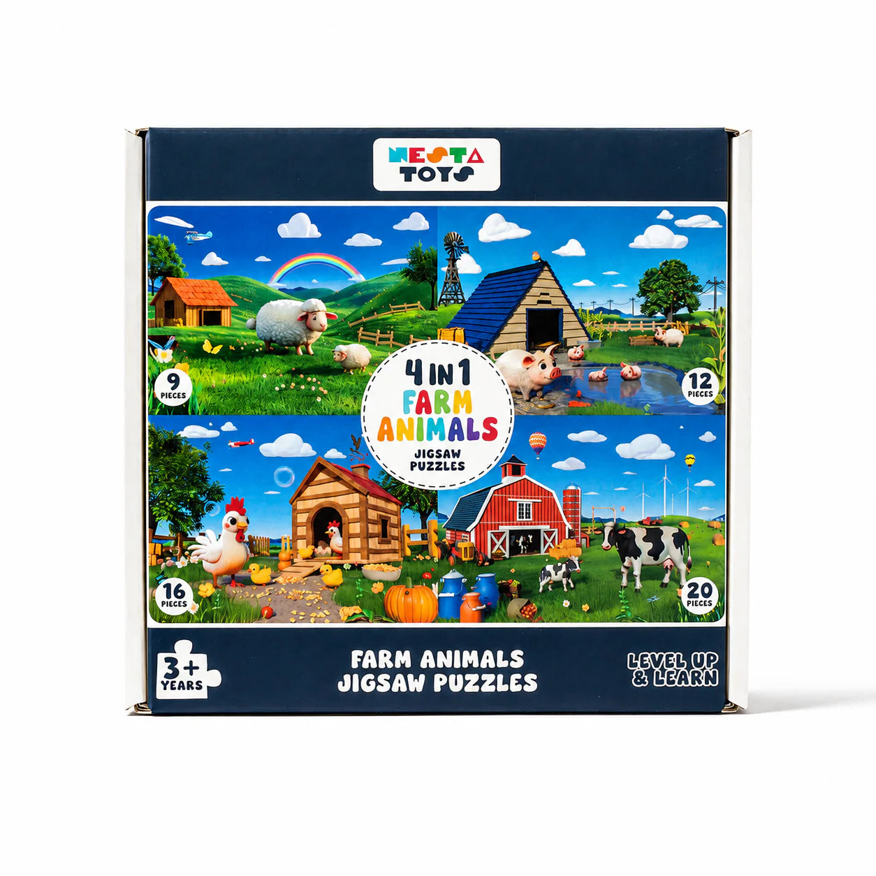NESTA TOYS Farm Animals 4-in-1 Level Up Jigsaw Puzzle | 9, 12, 16 & 20 Piece Learning Puzzle for Kids Ages 2+