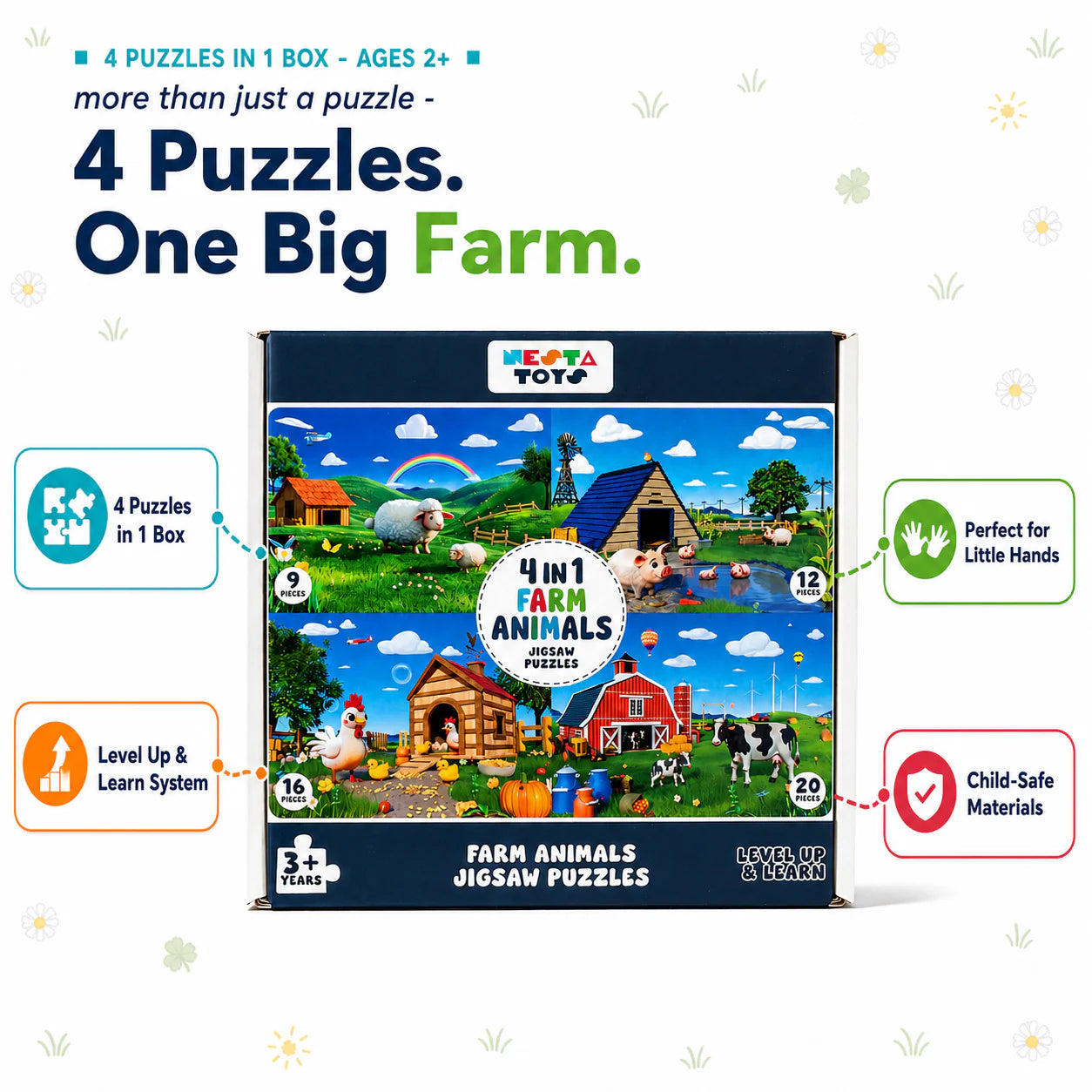 NESTA TOYS Farm Animals 4-in-1 Level Up Jigsaw Puzzle | 9, 12, 16 & 20 Piece Learning Puzzle for Kids Ages 2+