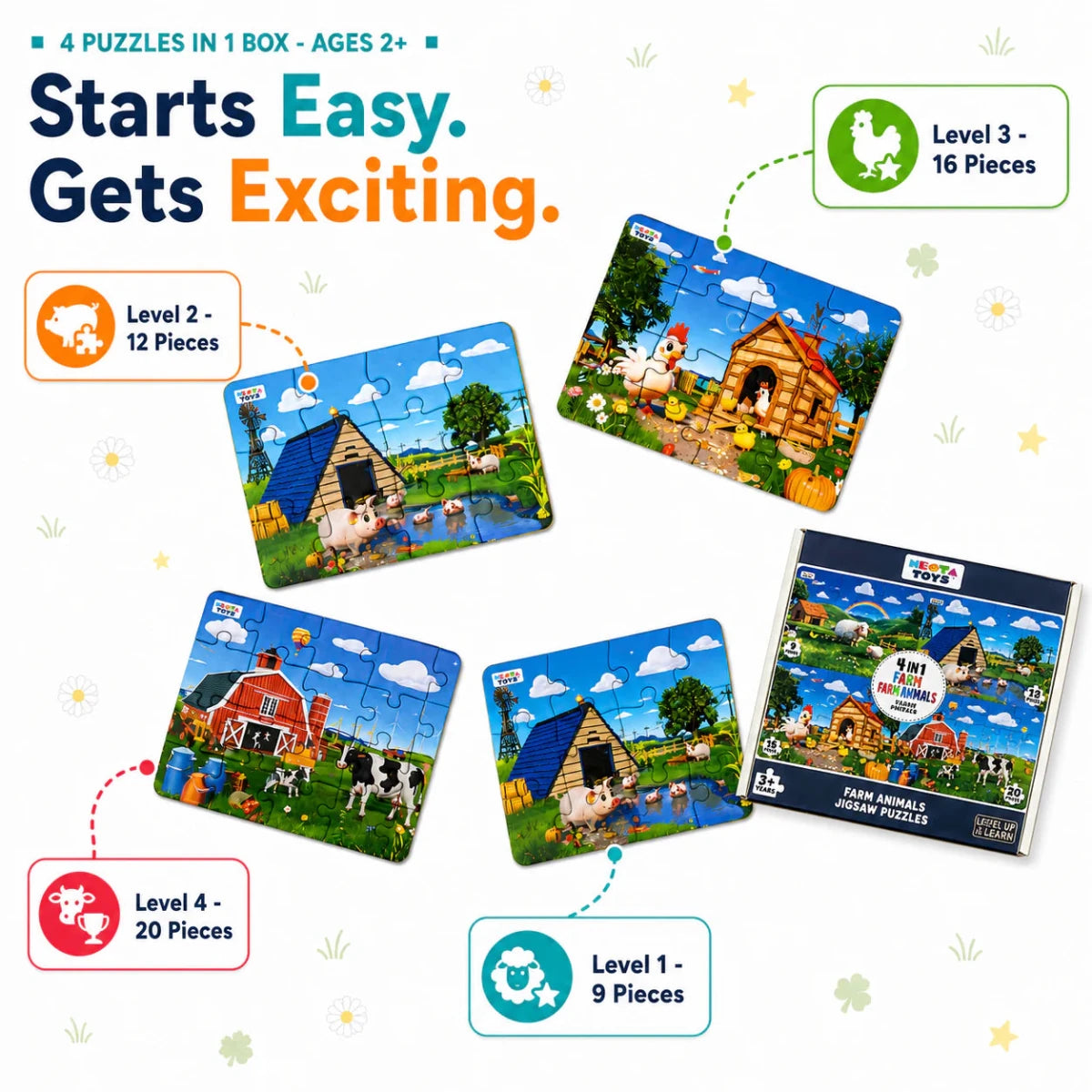 Farm Animals - 4 in 1 Level Up & Learn Jigsaw Puzzle (9 Pcs - 20 Pcs) - NESTA TOYS