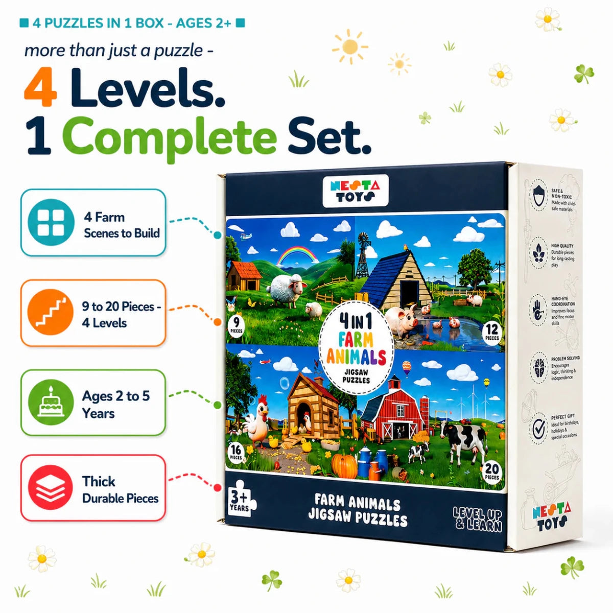 Farm Animals - 4 in 1 Level Up & Learn Jigsaw Puzzle (9 Pcs - 20 Pcs) - NESTA TOYS