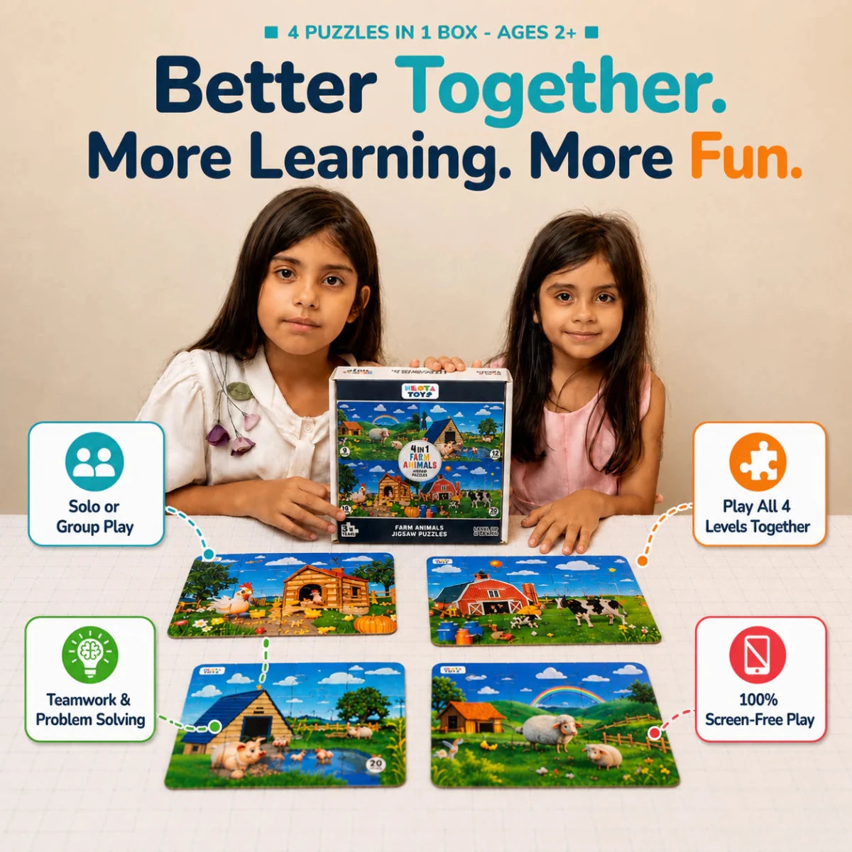 Farm Animals - 4 in 1 Level Up & Learn Jigsaw Puzzle (9 Pcs - 20 Pcs) - NESTA TOYS