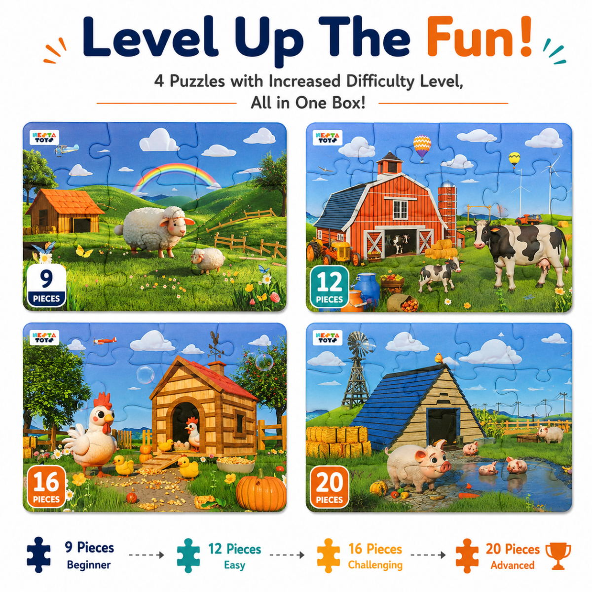 Farm Animals - 4 in 1 Level Up & Learn Jigsaw Puzzle (9 Pcs - 20 Pcs) - NESTA TOYS