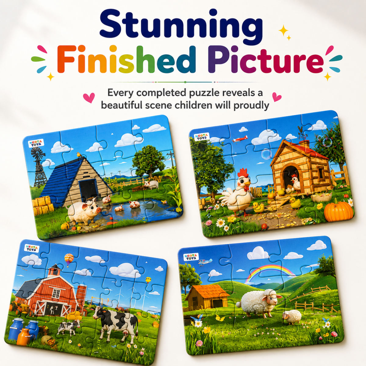 Farm Animals - 4 in 1 Level Up & Learn Jigsaw Puzzle (9 Pcs - 20 Pcs) - NESTA TOYS