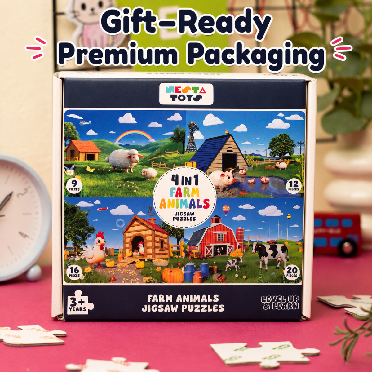 Farm Animals - 4 in 1 Level Up & Learn Jigsaw Puzzle (9 Pcs - 20 Pcs) - NESTA TOYS