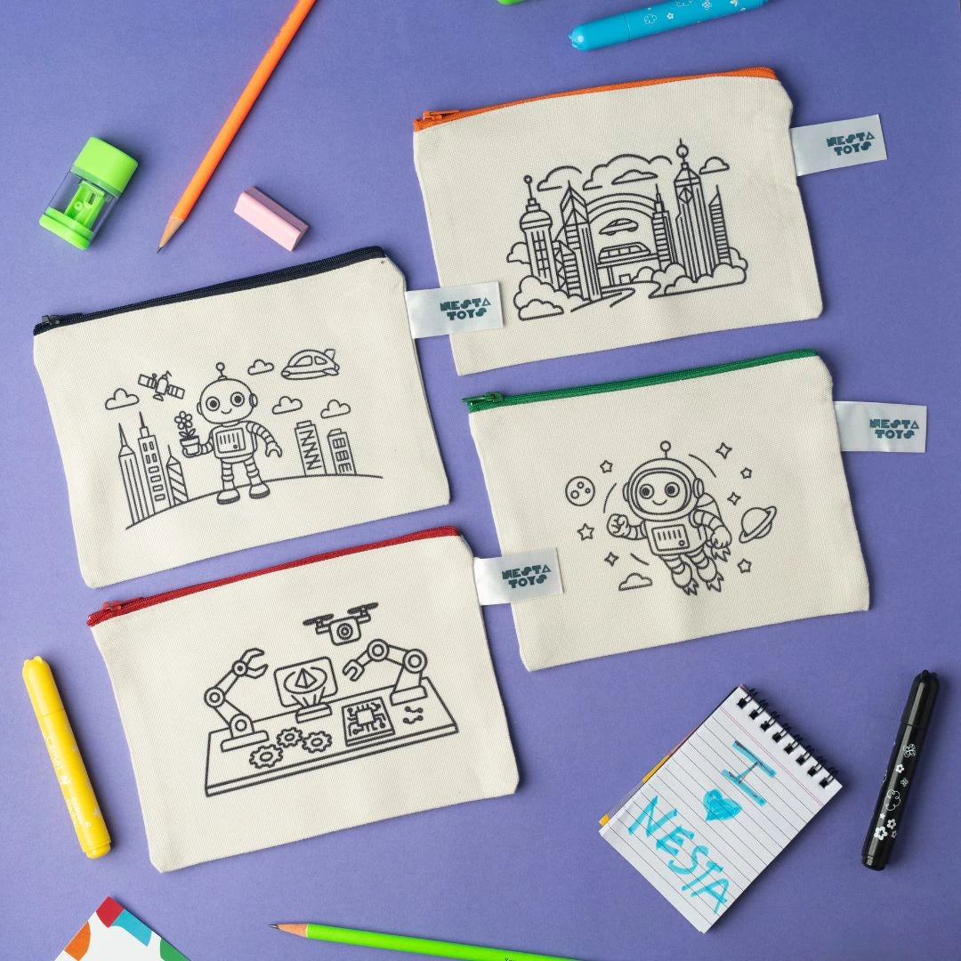 Reusable DIY Coloring Pouch Set of 4 | Robots Theme | Washable Markers | NESTA TOYS