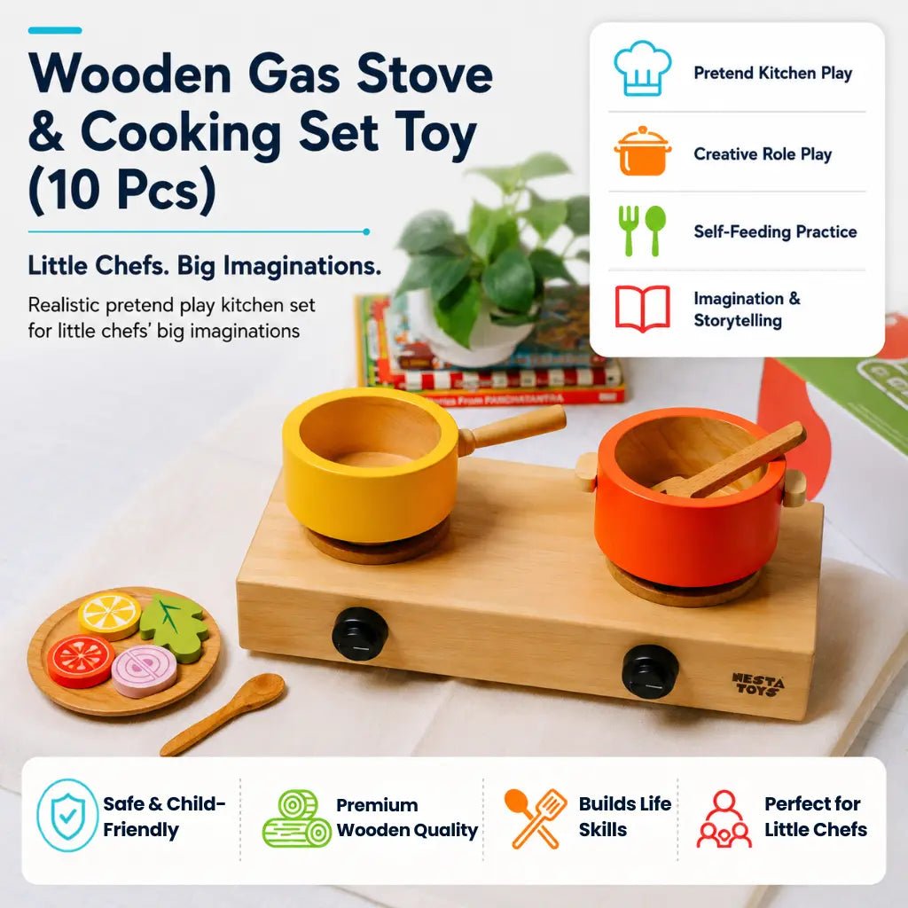 Wooden Gas Stove and Cooking Set Toy (10 Pcs) - NESTA TOYS