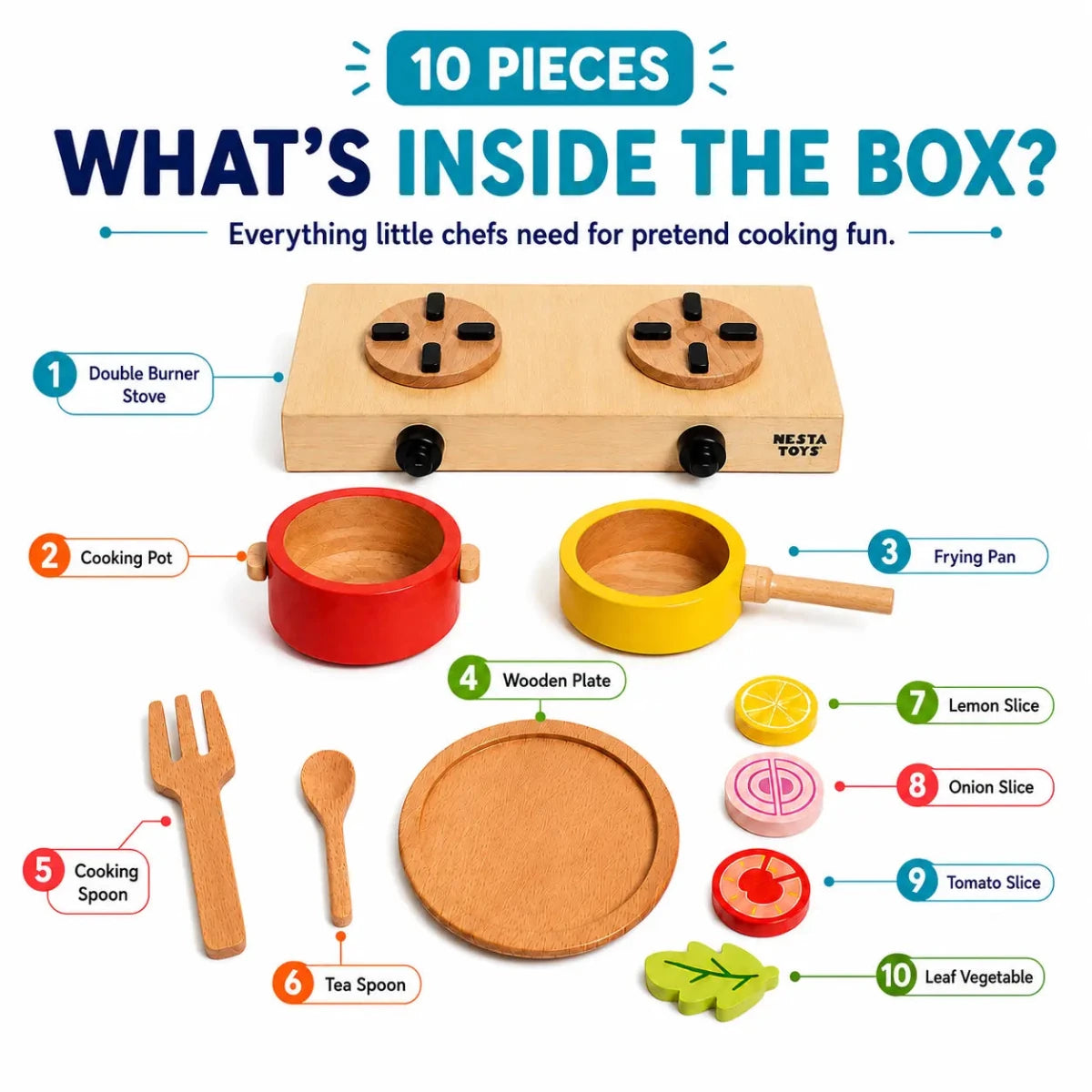 Wooden Gas Stove and Cooking Set Toy (10 Pcs) - NESTA TOYS