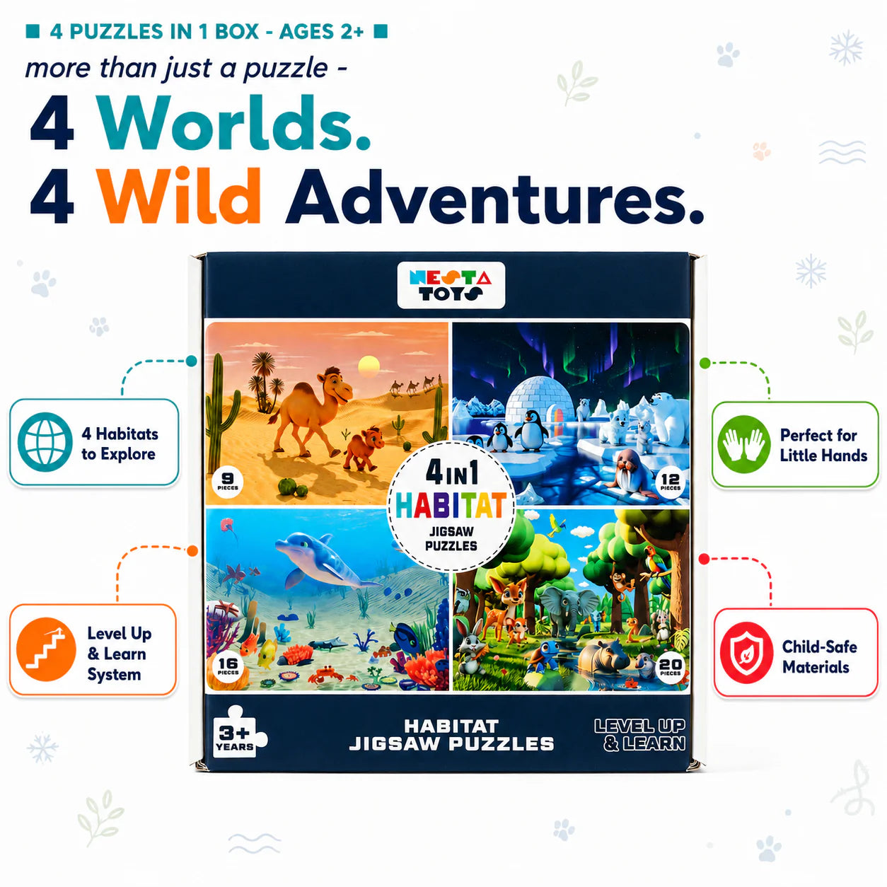 NESTA TOYS Habitat 4-in-1 Jigsaw Puzzle Set | Forest, Desert, Ocean & Polar Animals | Ages 2–5 | Progressive Learning Puzzle