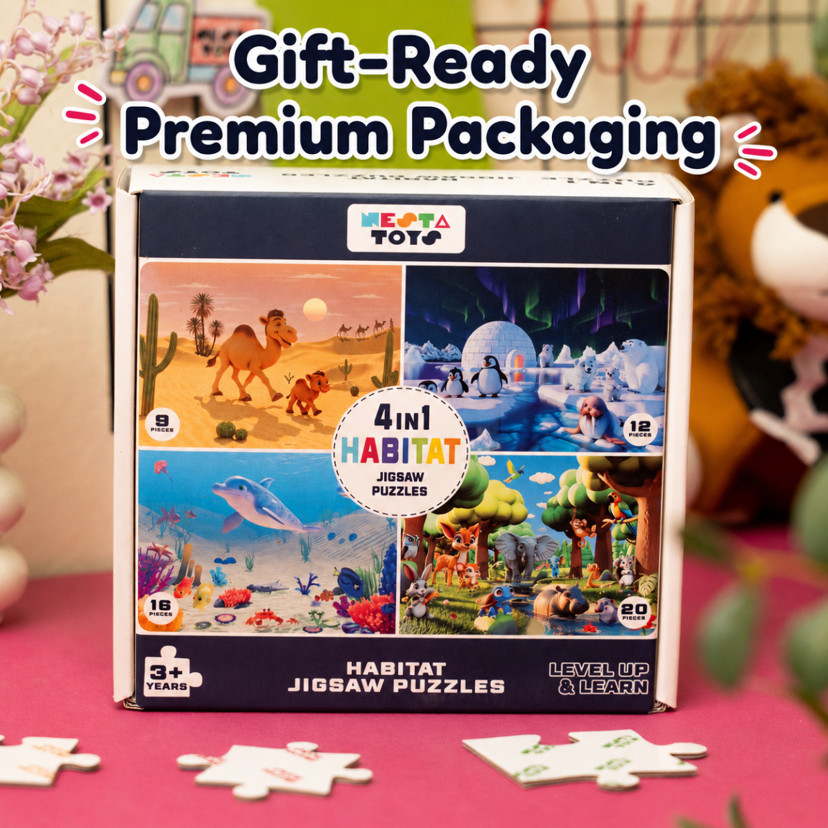 Habitat - 4 in 1 Level Up & Learn Jigsaw Puzzle (9 Pcs - 20 Pcs)- Free Gift - NESTA TOYS