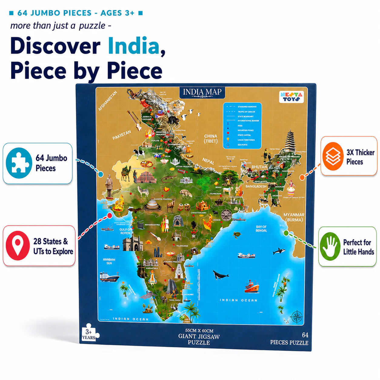 NESTA TOYS India Map Jigsaw Puzzle (64 Jumbo Pieces) | Geography Learning Puzzle for Kids Ages 3+