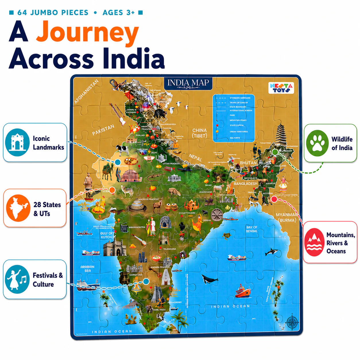 NESTA TOYS India Map Jigsaw Puzzle (64 Jumbo Pieces) | Geography Learning Puzzle for Kids Ages 3+