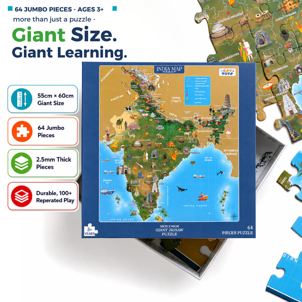 NESTA TOYS India Map Jigsaw Puzzle (64 Jumbo Pieces) | Geography Learning Puzzle for Kids Ages 3+