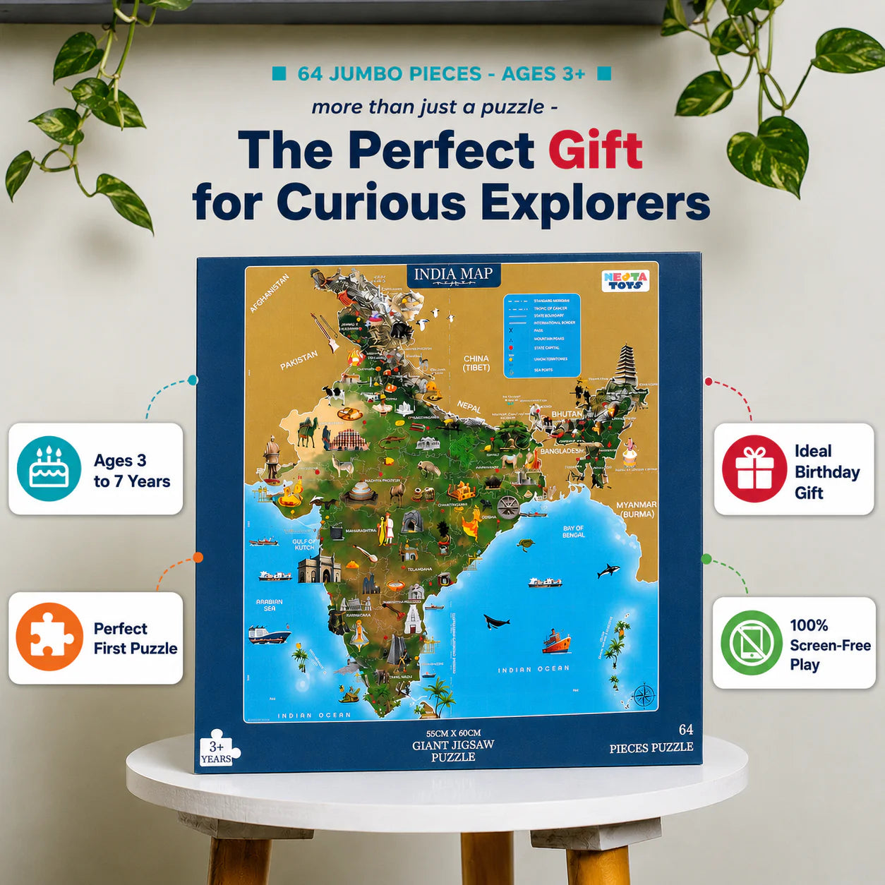 NESTA TOYS India Map Jigsaw Puzzle (64 Jumbo Pieces) | Geography Learning Puzzle for Kids Ages 3+