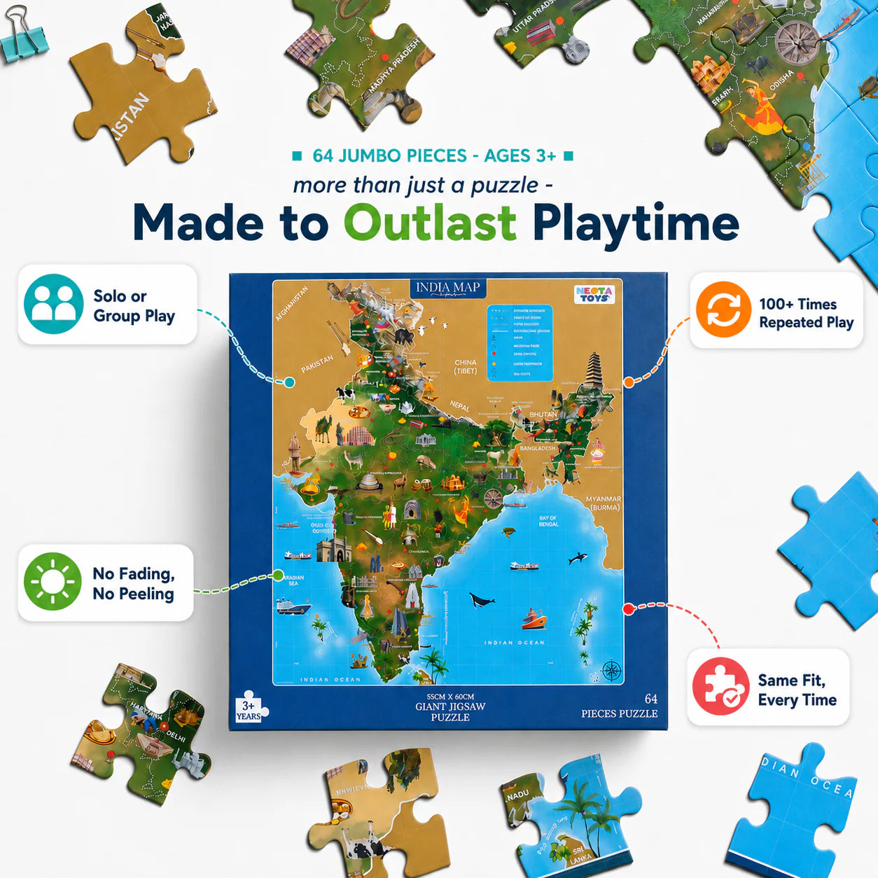 NESTA TOYS India Map Jigsaw Puzzle (64 Jumbo Pieces) | Geography Learning Puzzle for Kids Ages 3+