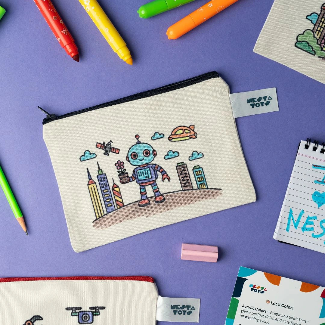 DIY Cotton Coloring Pouch for Kids | Robots Theme | Washable Markers Included