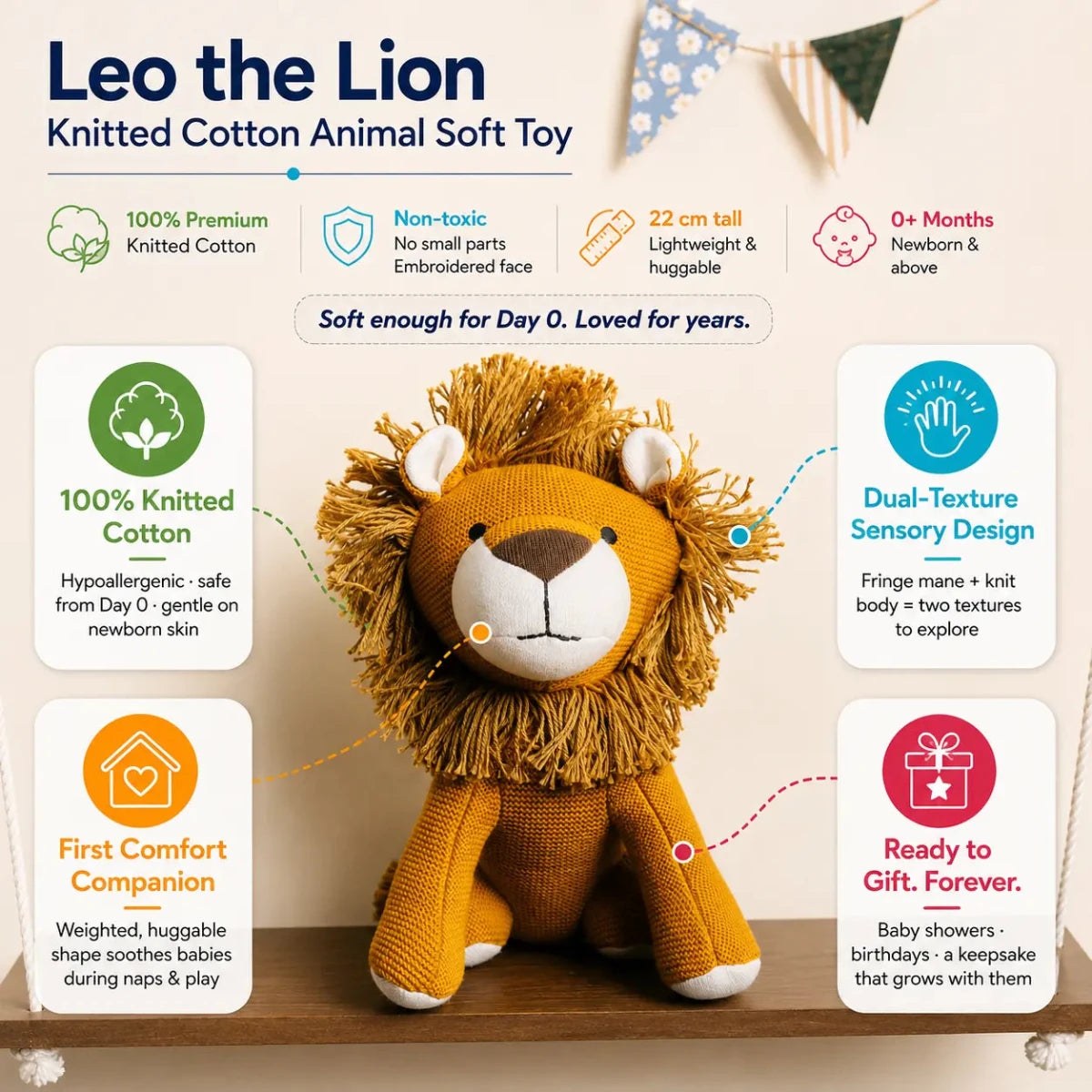 Leo the Lion | Knitted Cotton Animal Plush Toy for Kids - NESTA TOYS