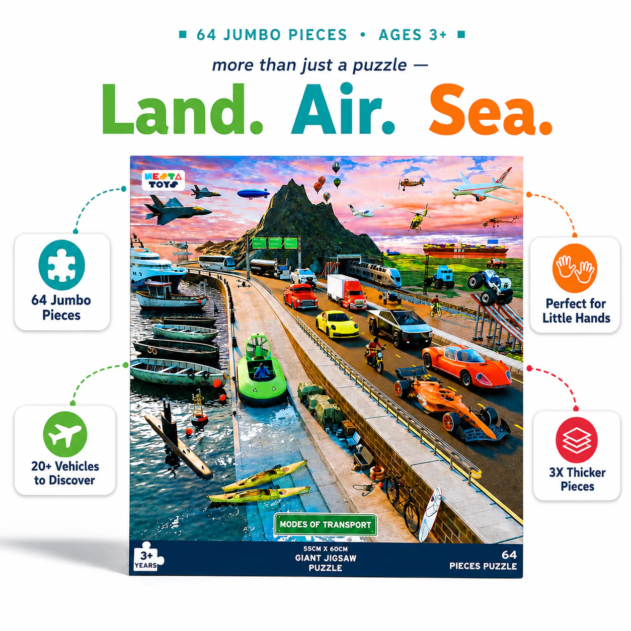 NESTA TOYS Modes of Transport Jigsaw Puzzle (64 Jumbo Pieces) | Vehicle Learning Puzzle for Kids Ages 3+
