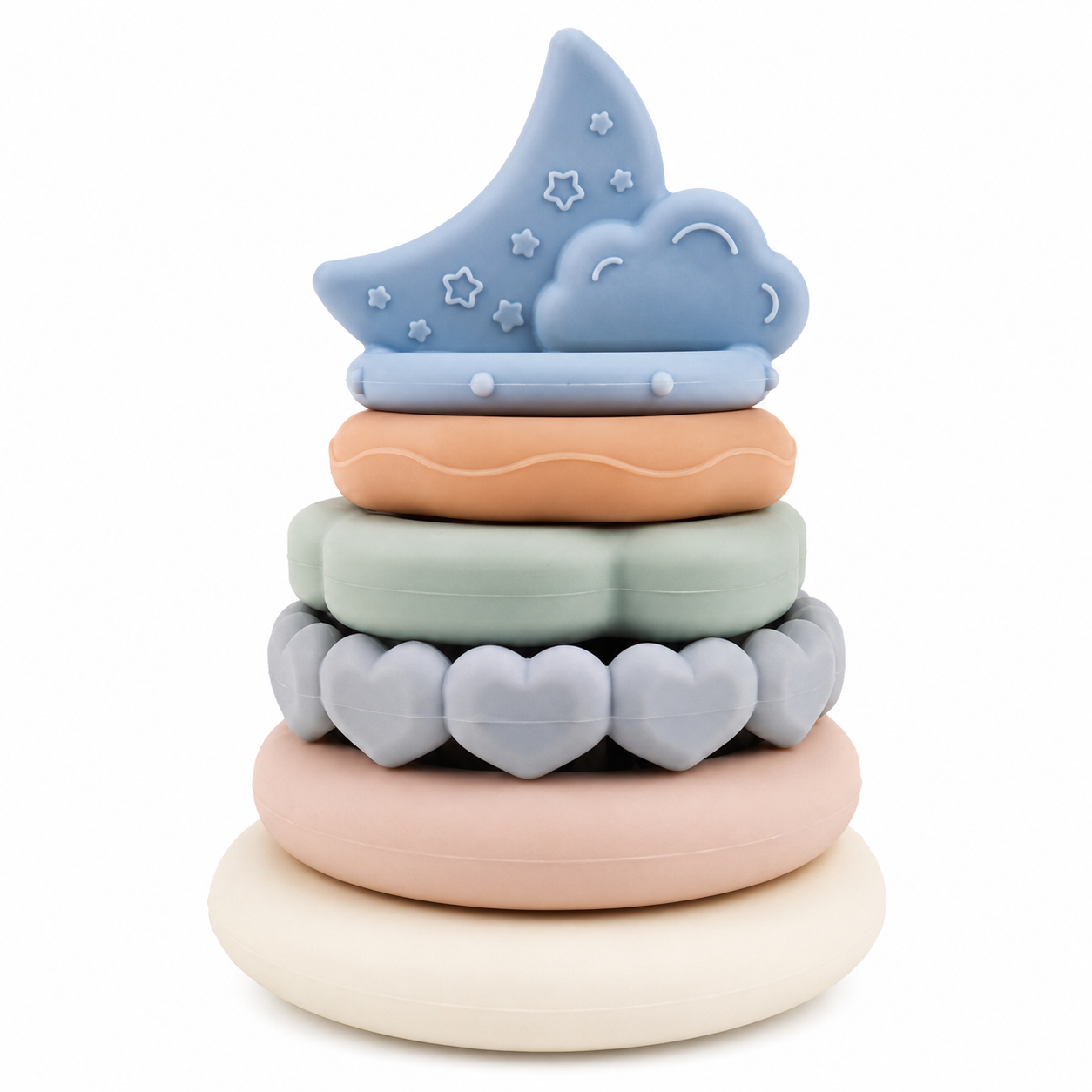 Silicone Baby Stacking Rings with Moon & Cloud | BPA-Free Montessori Teething Toy for Babies 6+ Months | Soft Sensory Stacker for Fine Motor Skills, Hand-Eye Coordination & Learning