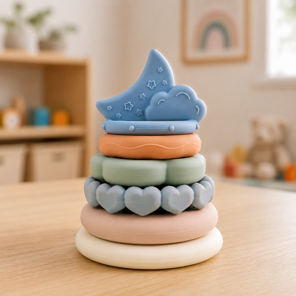 Silicone Baby Stacking Rings with Moon & Cloud | BPA-Free Montessori Teething Toy for Babies 6+ Months | Soft Sensory Stacker for Fine Motor Skills, Hand-Eye Coordination & Learning
