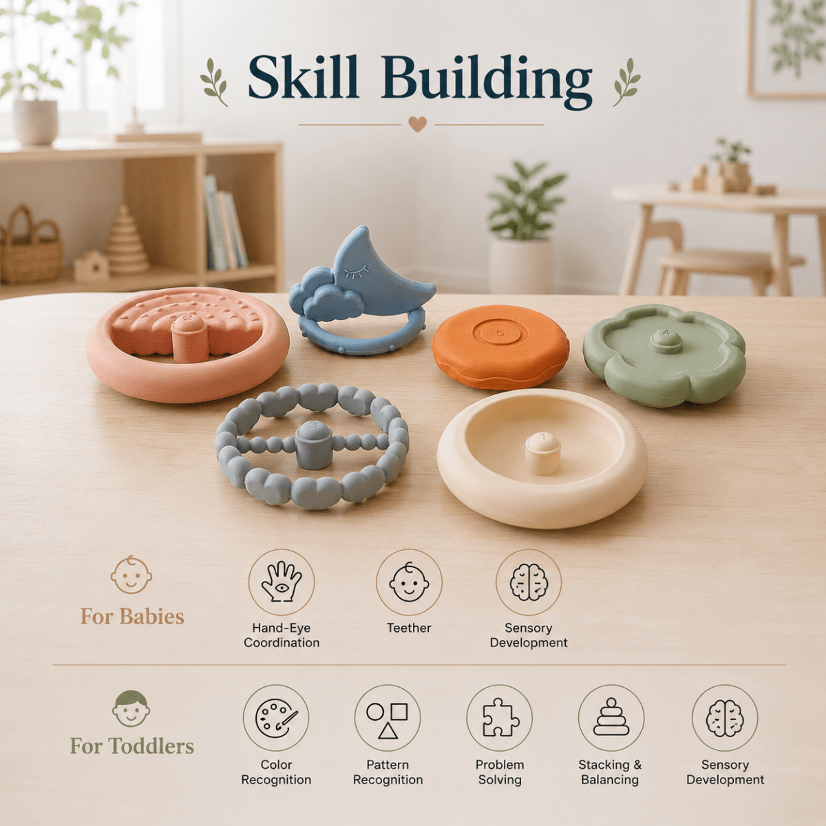 Silicone Baby Stacking Rings with Moon & Cloud | BPA-Free Montessori Teething Toy for Babies 6+ Months | Soft Sensory Stacker for Fine Motor Skills, Hand-Eye Coordination & Learning - NESTA TOYS