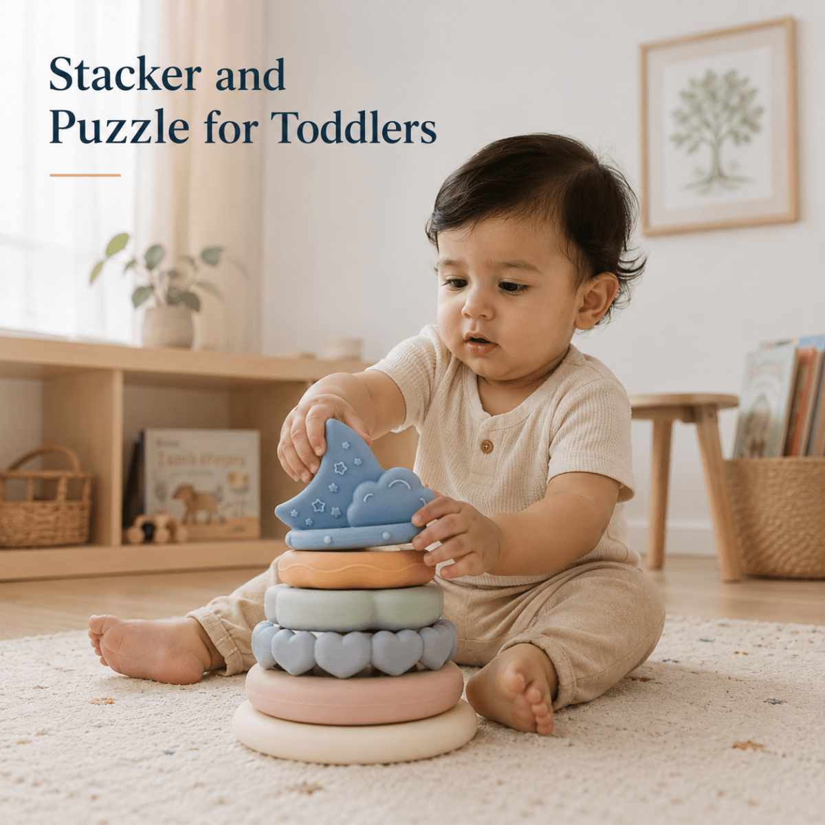 Silicone Baby Stacking Rings with Moon & Cloud | BPA-Free Montessori Teething Toy for Babies 6+ Months | Soft Sensory Stacker for Fine Motor Skills, Hand-Eye Coordination & Learning - NESTA TOYS