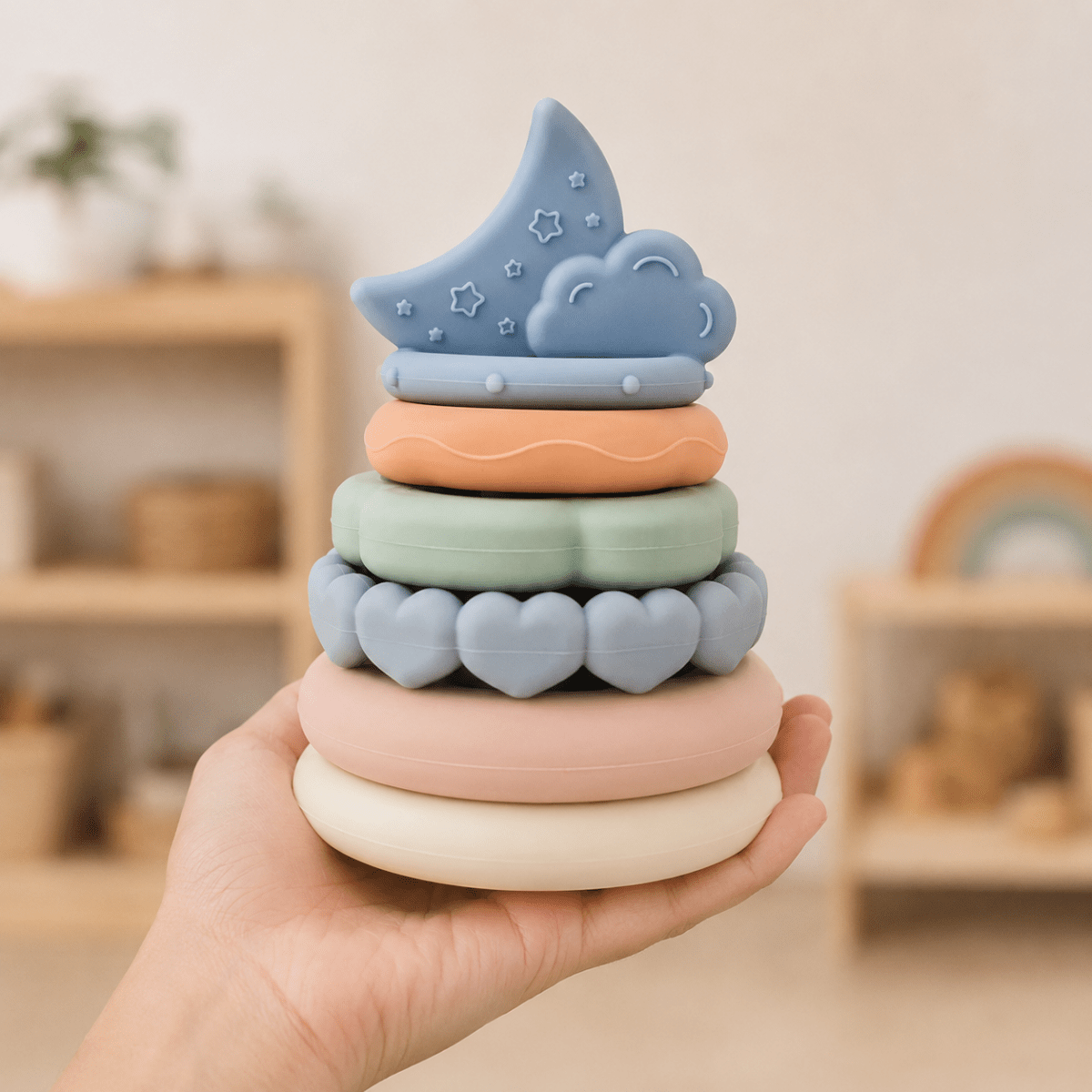 Silicone Baby Stacking Rings with Moon & Cloud | BPA-Free Montessori Teething Toy for Babies 6+ Months | Soft Sensory Stacker for Fine Motor Skills, Hand-Eye Coordination & Learning - NESTA TOYS