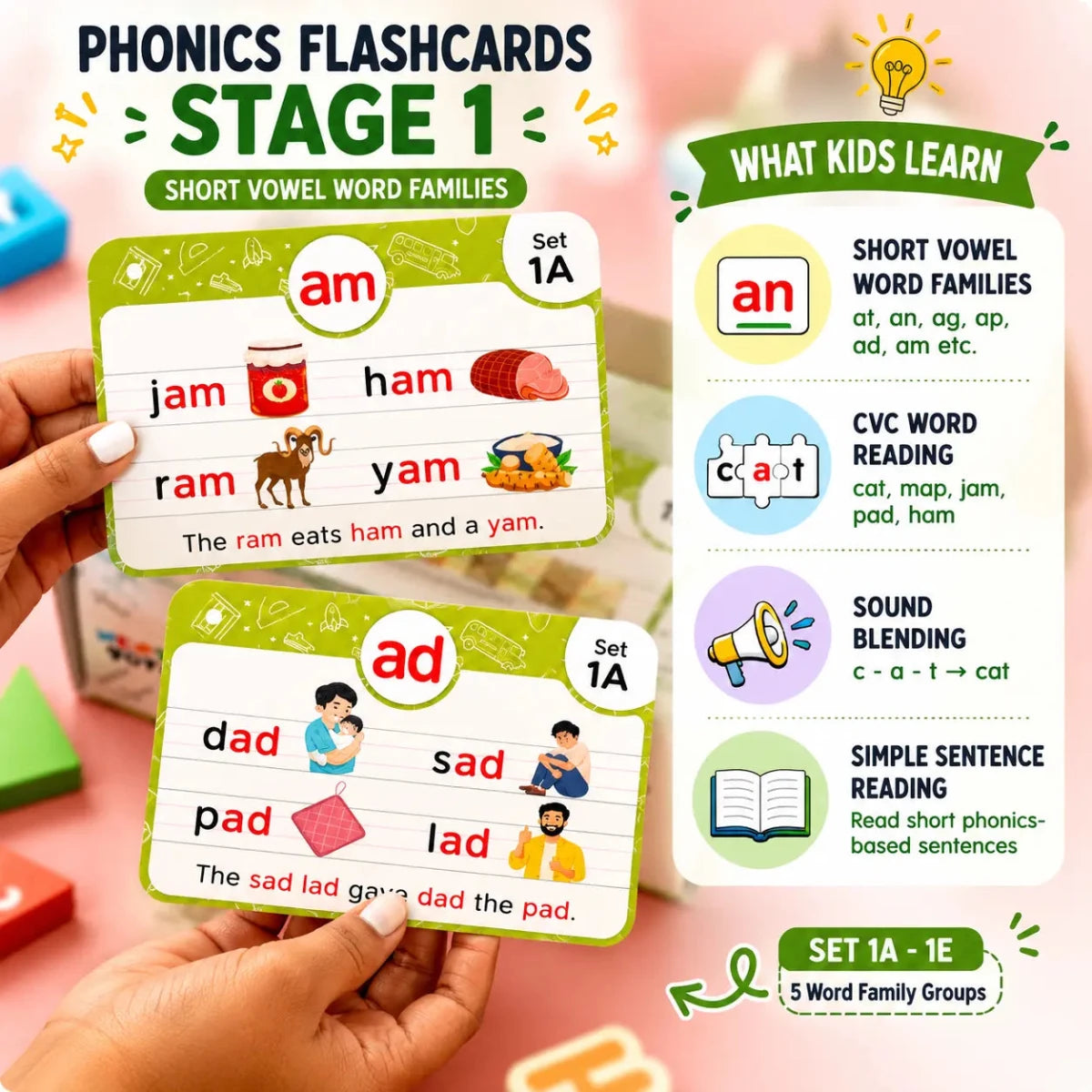 Phonics Flash Cards - Learn to Read in 20 Stages (60 cards, 490 Words) - NESTA TOYS