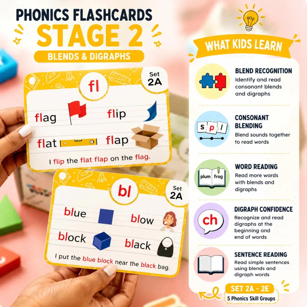 Phonics Flash Cards - Learn to Read in 20 Stages (60 cards, 490 Words) - NESTA TOYS