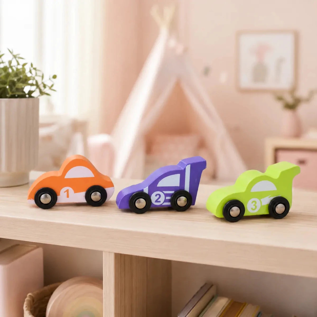 Wooden Car (3 Pcs) - Green, Orange, Purple - NESTA TOYS