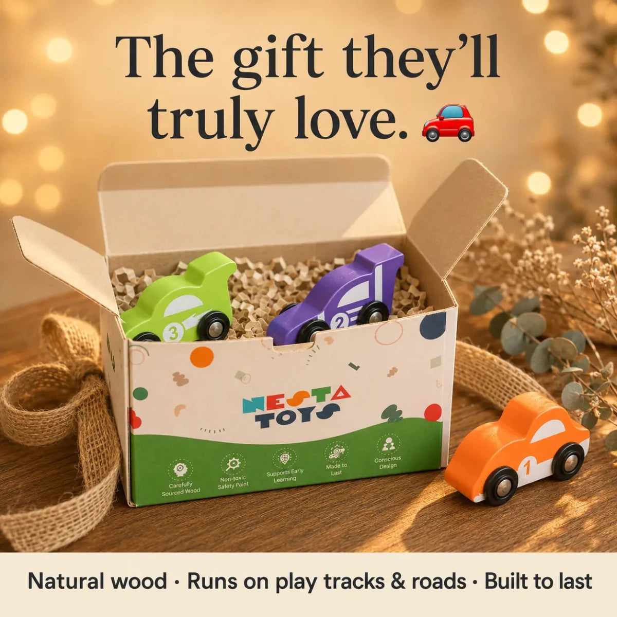Wooden Car (3 Pcs) - Green, Orange, Purple - NESTA TOYS