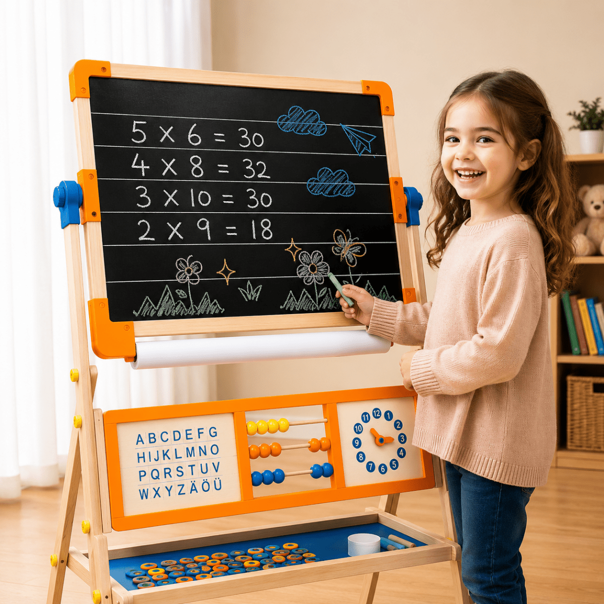 6-in-1 Wooden Tabletop Easel with Blackboard, Whiteboard, Paper Roll, & Accessories - NESTA TOYS