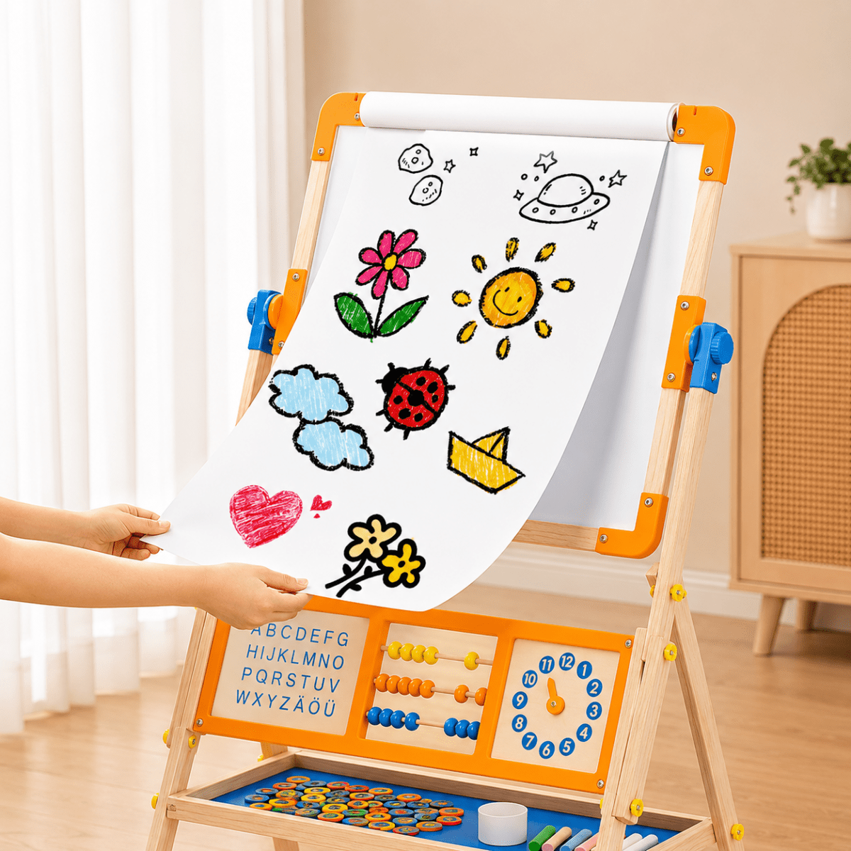 6-in-1 Wooden Tabletop Easel with Blackboard, Whiteboard, Paper Roll, & Accessories - NESTA TOYS