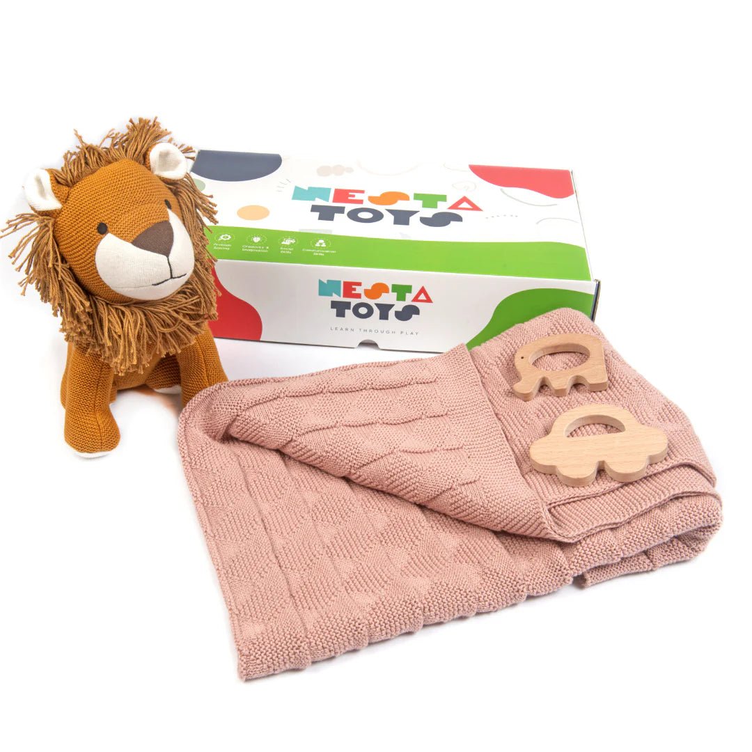 Newborn Gift Set – Swaddle, Lion Plush Toy & Wooden Teethers - NESTA TOYS