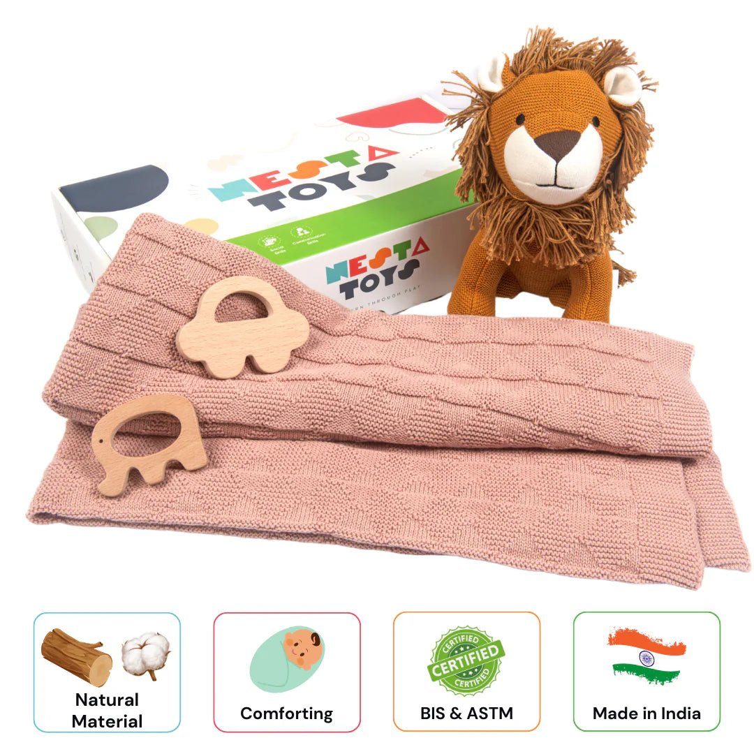 Newborn Gift Set – Swaddle, Lion Plush Toy & Wooden Teethers - NESTA TOYS