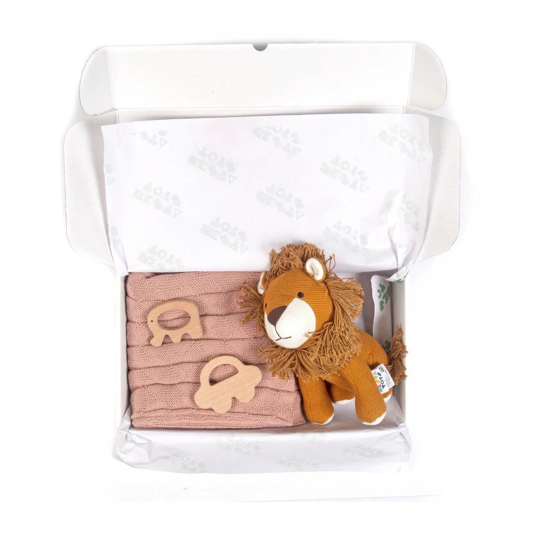 Newborn Gift Set – Swaddle, Lion Plush Toy & Wooden Teethers - NESTA TOYS