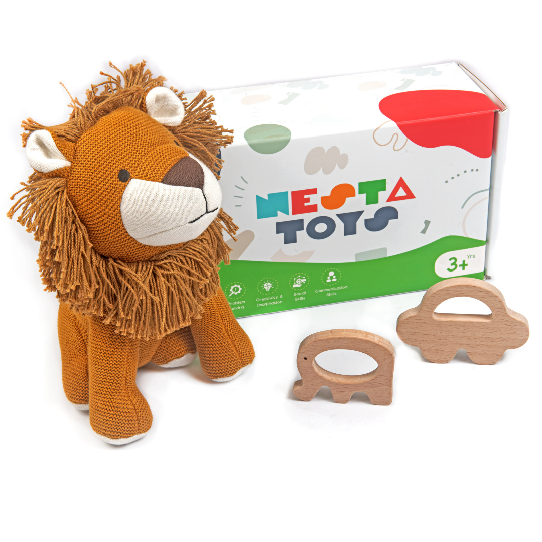 NESTA TOYS - Newborn Gift Set - Lion Plush Toy, Wooden Elephant & Car Teether - nestatoys